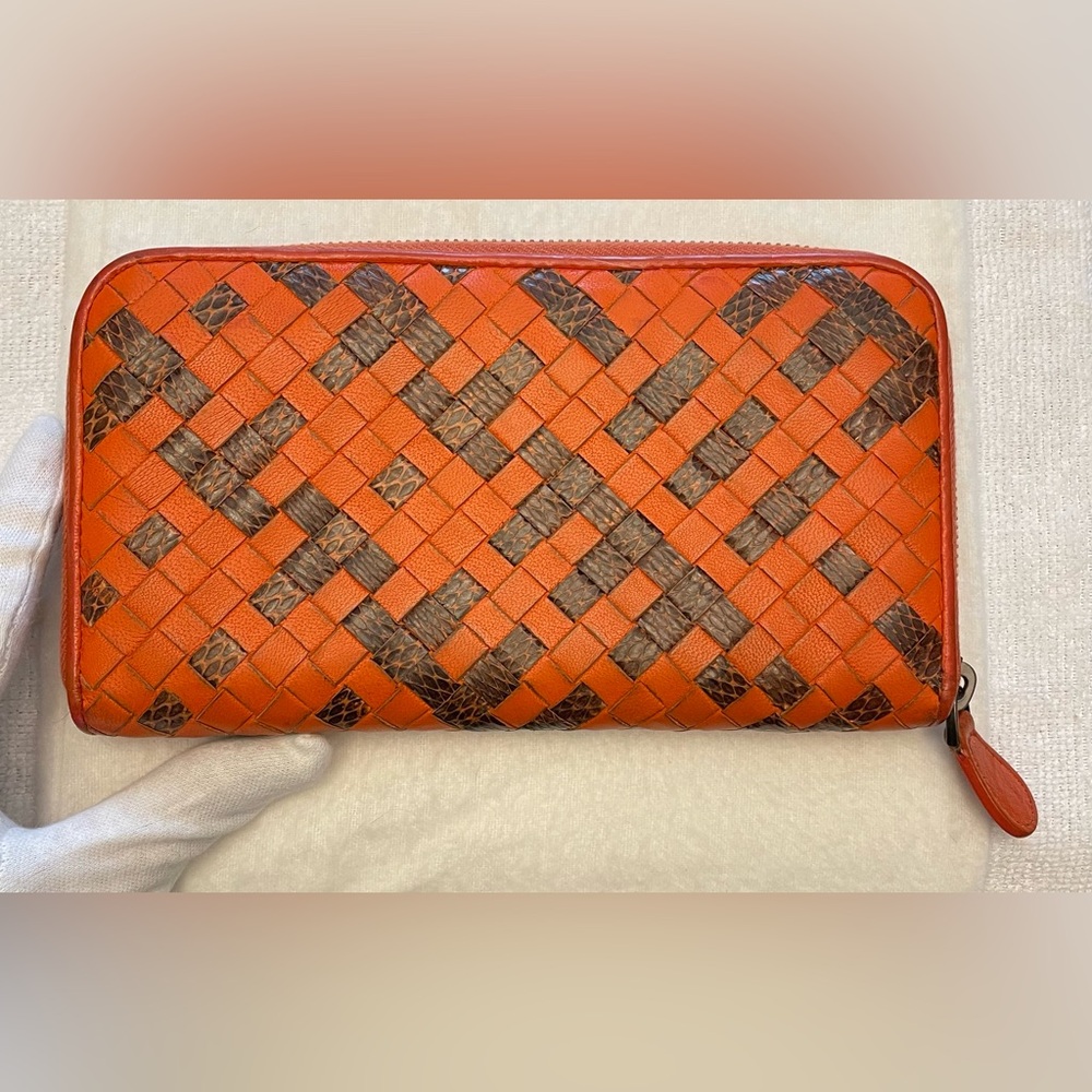 Bottega Veneta Authentic Orange Leather & Brown Snake-Embossed Woven Long Wallet